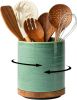 Forest Green Ceramic Utensil Crock with Rotating Wood Base
