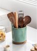 Forest Green Ceramic Utensil Crock with Rotating Wood Base