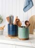 Forest Green Ceramic Utensil Crock with Rotating Wood Base
