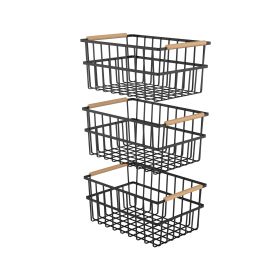 Black Wire Produce Baskets with Bamboo Handles — Set of 3