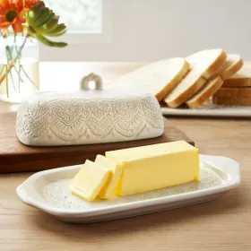 Lace-Embossed Ceramic Butter Dish in Linen