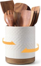 White Embossed Ceramic Utensil Crock (Material: Ceramic)