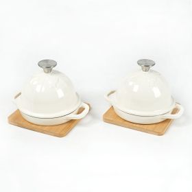 Enameled Cast Iron Garlic Roasters with Bamboo Trays — Set of 2 (Color: Oyster White)
